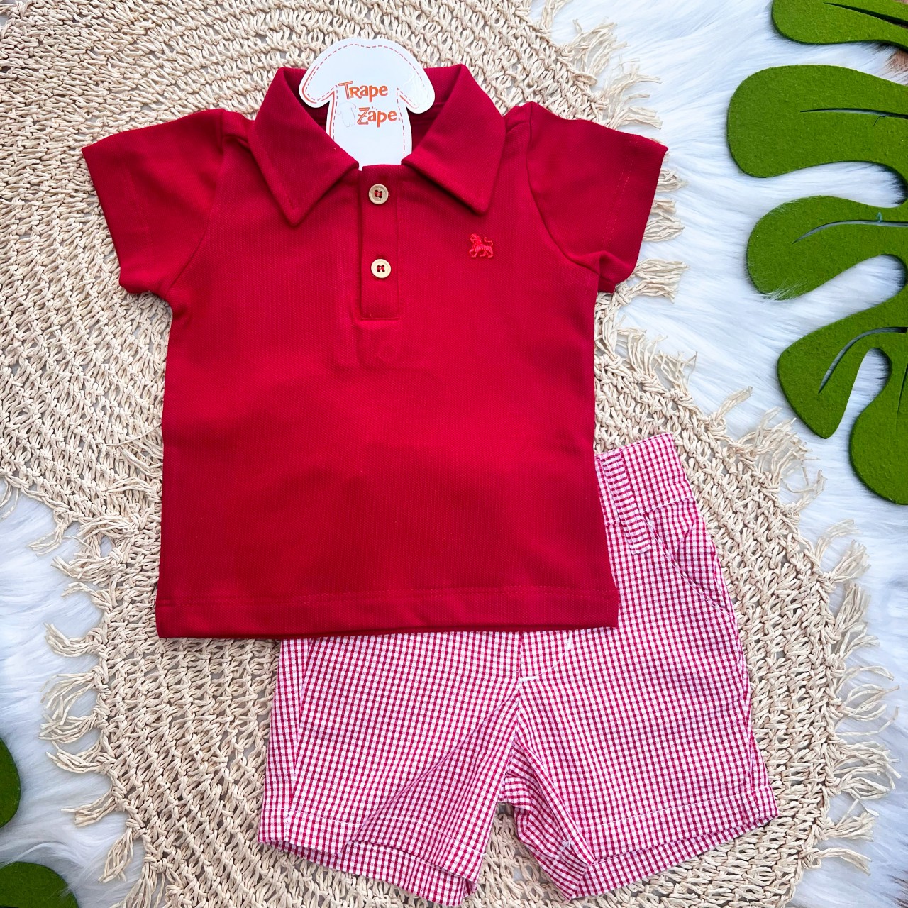 Conj Camisa Polo e Short Xadrez Vermelho
